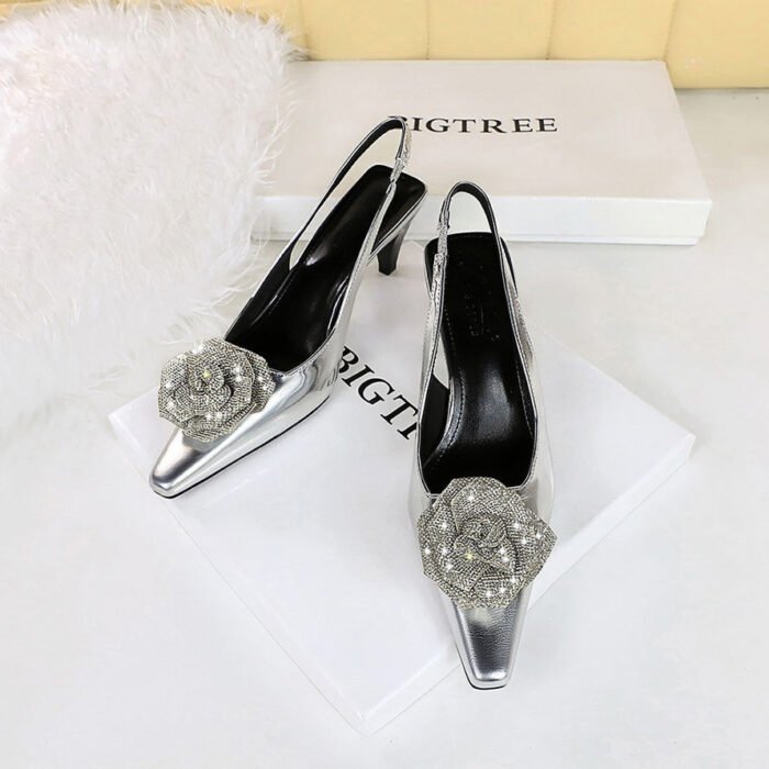 BIGTREE SHOES 2a06-h52 European and American Style Light Luxury Banquet Women's Shoes High Heel Low-Cut Pointed-Toe Hollowed Back Strap Rhinestone Flower Shoes - Image 1