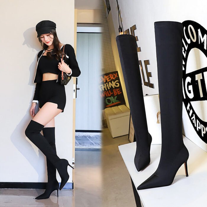 BIG TREE SHOES 315-A9 European and American Style Simple High Heel Pointed Elastic Lycra Sexy Nightclubs Thinner Pedicure Leg Repair over-the-Knee Boots - Image 3