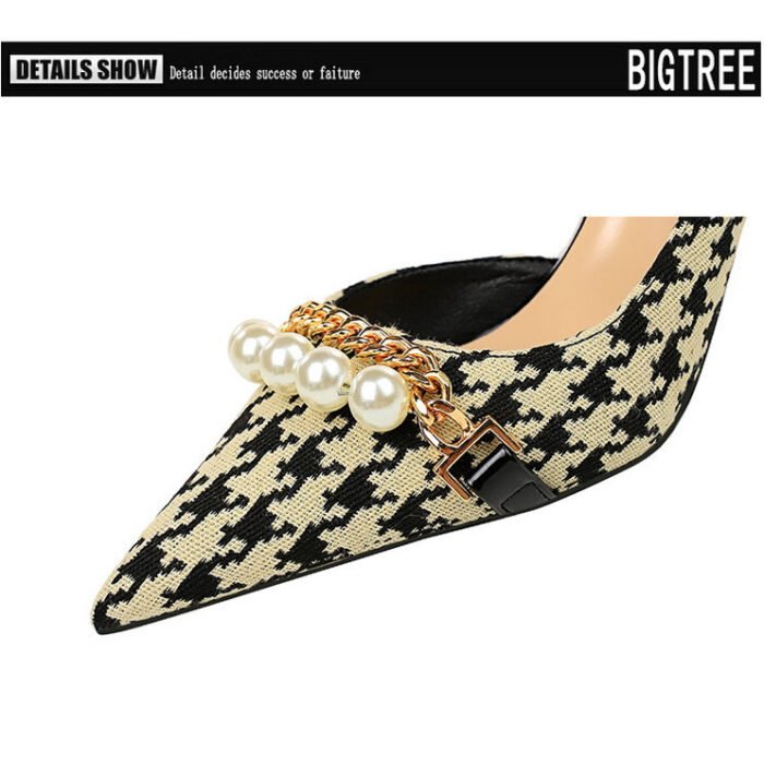 8829-A1 Korean version of high-heeled shallow-mouth pointed side hollow cloth plaid pearl metal chain houndstooth shoes - Image 18