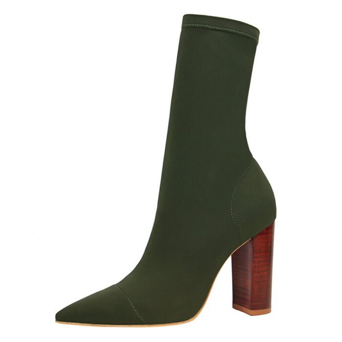 BIG TREE SHOES 3129-3 European and American fashion simple wood grain heel thick heel high heel pointed stretch Lycra sexy nightclub slimming short boots - Image 5