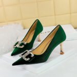 BIG TREE SHOES 1818-K78 Banquet Entry Lux Elegant Women's Shoes High Heels Xishi Suede Shallow Mouth Pointed Toe Rhinestone Bow Pumps - Image 2