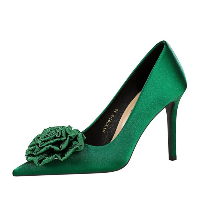 Bigtree shoes 3391-h55 Korean style fashion banquet light luxury women's shoes high heel stiletto low mouth pointed toe satin flower high heel pumps - Image 5