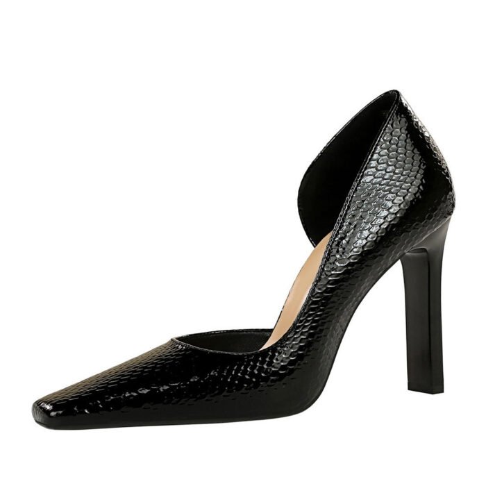 BIG TREE SHOES 3275-5 Retro European American Style Snake Print Patent Leather High Heel Shoes Chunky Heel Low-Cut Square Toe Side Hollow Banquet High Heel Pumps - Image 5