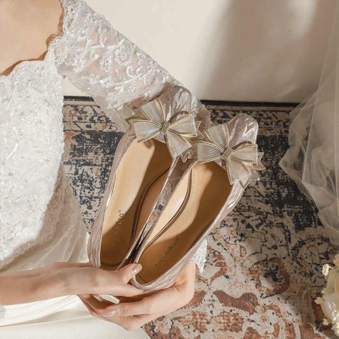 228-51 Champagne Thin and Glittering Bow Crystal Flat Wedding Shoes Female Square Toe Bridal Shoes - Image 1