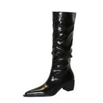 big tree shoes 009-18 Retro European American Style Women's over-the-Knee Boots Chunky Heel Mid Heel Pointed Wrinkled Surface Glossy High Leg Boot Knight Boots - Image 5