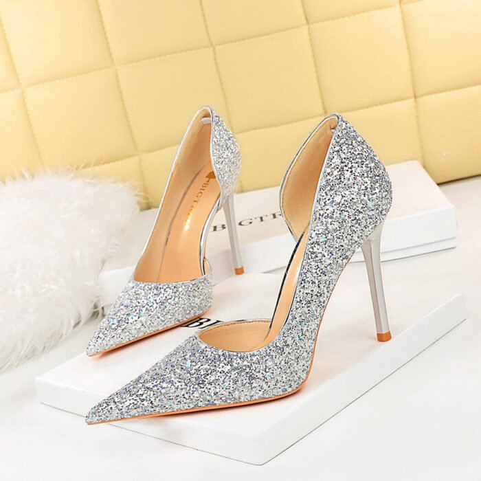 8829-3 European and American Sexy Banquet High Heels Stiletto Heel Shallow Mouth Pointed Side Hollow Sparkle Sequins Pumps - Image 3