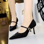 BIGTREE SHOES 9116-A3 Banquet High Heels Stiletto Low-Cut Pointed Corduroy Metal Buckle Ankle-Strap High Heel Pumps Women - Image 2