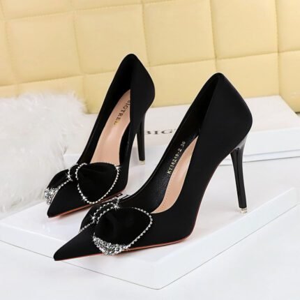 BIGTREE SHOES 18249-h31 European and American Style Banquet Women's Shoes High Heels Stiletto Low-Cut Pointed Toe Satin Rhinestone Bow Pumps