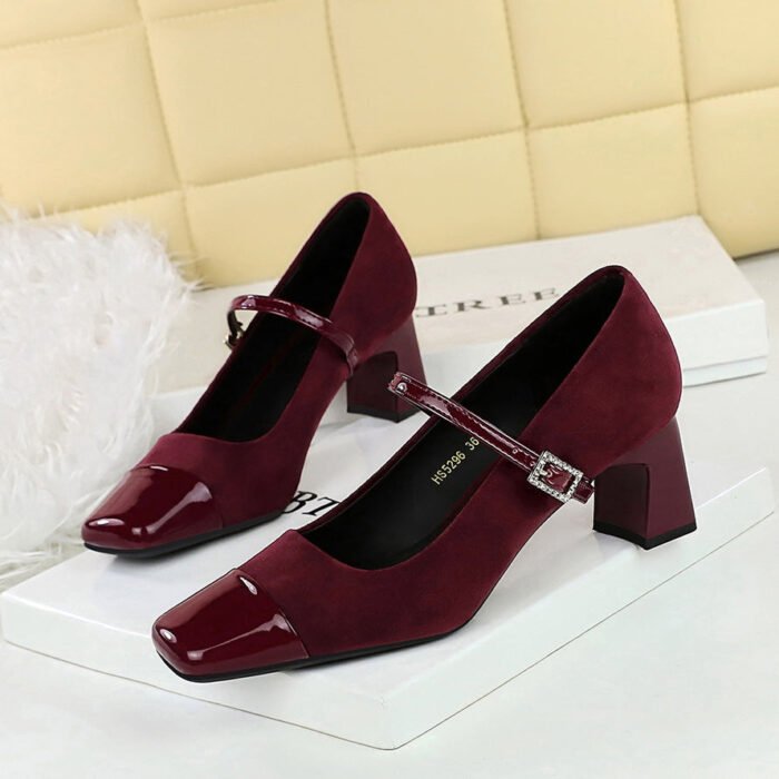 BIGTREE SHOES 5296 Korean Style Stylish Women's Shoes Chunky Heel Mid-Heel Low-Cut Stitching Square Toe Strap Rhinestone Buckle Pumps Mary Jane Shoes - Image 1