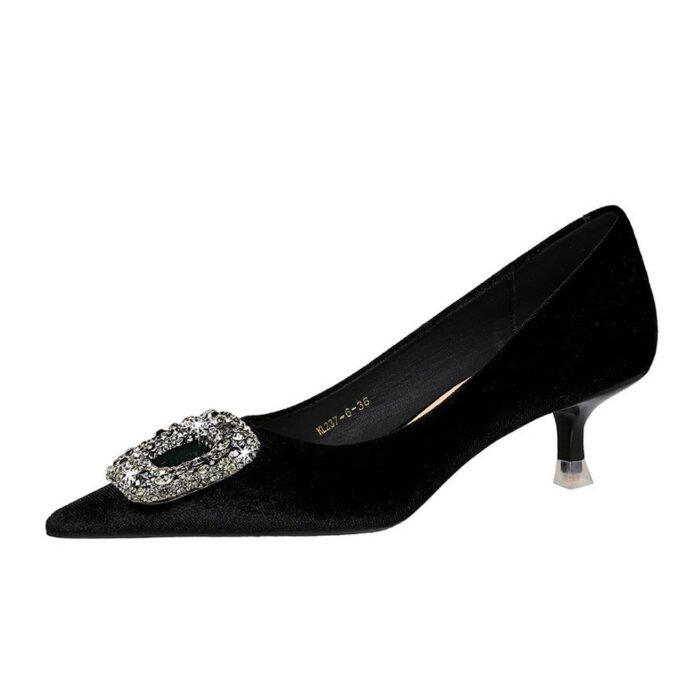 BIGTREE SHOES 237-K83 Banquet European and American Style Women's Shoes Stiletto Mid-Heel Shallow Mouth Pointed Toe Thick Suede Metal Rhinestone Buckle Pumps - Image 5