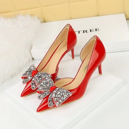 BIG TREE SHOES 638-Ah21 Korean Style Banquet Women's Shoes High Heel Stiletto Low Mouth Pointed Side Hollow Patent Leather Rhinestone Bow Pumps