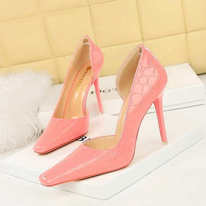 BIG TREE SHOES 3287-3 European and American Style Square Toe High Heel Stone Pattern Shallow Mouth Side Hollow Pumps High Heels Women's Shoes - Image 4