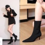 BIG TREE SHOES 328-1 European and American Style Fashionable Simple Stiletto Heel Shallow Mouth Pointed Elastic Lycra Slimming Pedicure Women's Boots Short Boots - Image 4