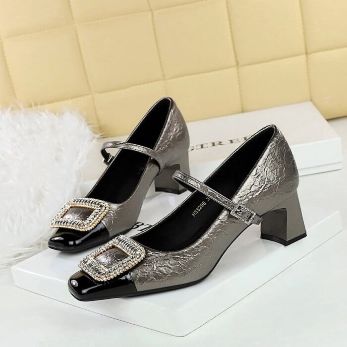 BIGTREE SHOES 5298-K32 European and American Style Party Women's Shoes Chunky Heel Mid Heel Shallow Mouth Color Block Square Toe Metal Rhinestone Buckle Strap Single Shoes - Image 3