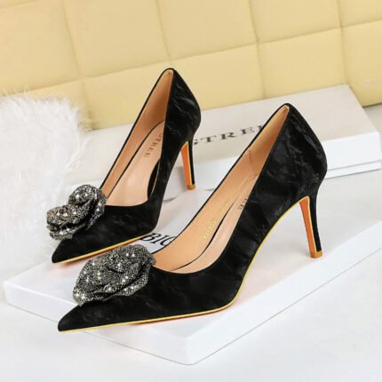 BIGTREE SHOES 18249-A3h52 National Style Women's Shoes Banquet High Heels Stiletto Low-Cut Pointed Toe Rhinestone Flower Rose Pumps