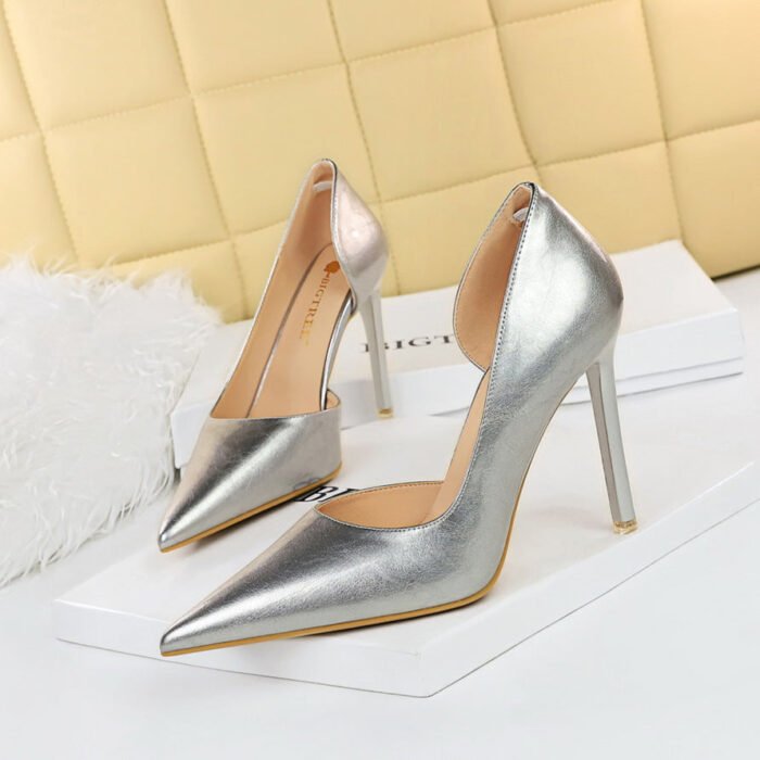 1363-A2 Korean fashion slim banquet fine heel high heel shallow pointed side hollow patent leather women's shoes single shoes high - Image 14