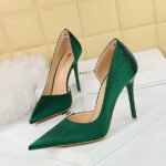 BIG TREE SHOES 1298-6 Korean Style Banquet High Heels Stiletto Heel Shallow Mouth Pointed Side Hollow Wave Embossed Satin Pumps