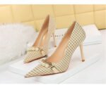 9283-1 European and American style houndstooth high-heeled high-heeled shallow-pointed pearl chain plaid women's shoes - Image 10