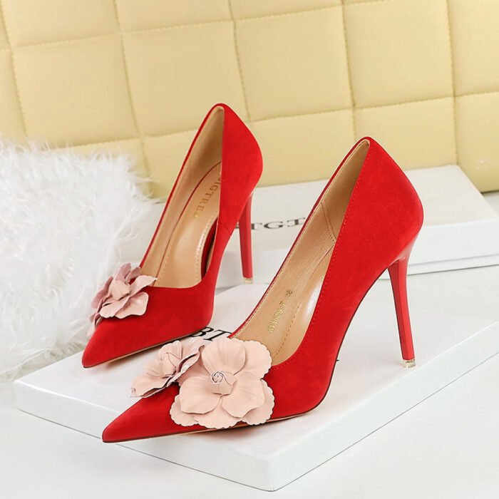 BIGTREE SHOES 1829-H57 Korean Fashion Sweet High Heels Stiletto Very Suede Shallow Mouth Pointed-Toe Colorblock Flower Shoes - Image 2
