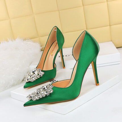 BIG TREE 3165-K11 European and American Banquet High Heel Shoes Side Hollow Stiletto Heel Shallow Mouth Pointed Toe Satin Rhinestone Women's Shoes High Heel Pumps