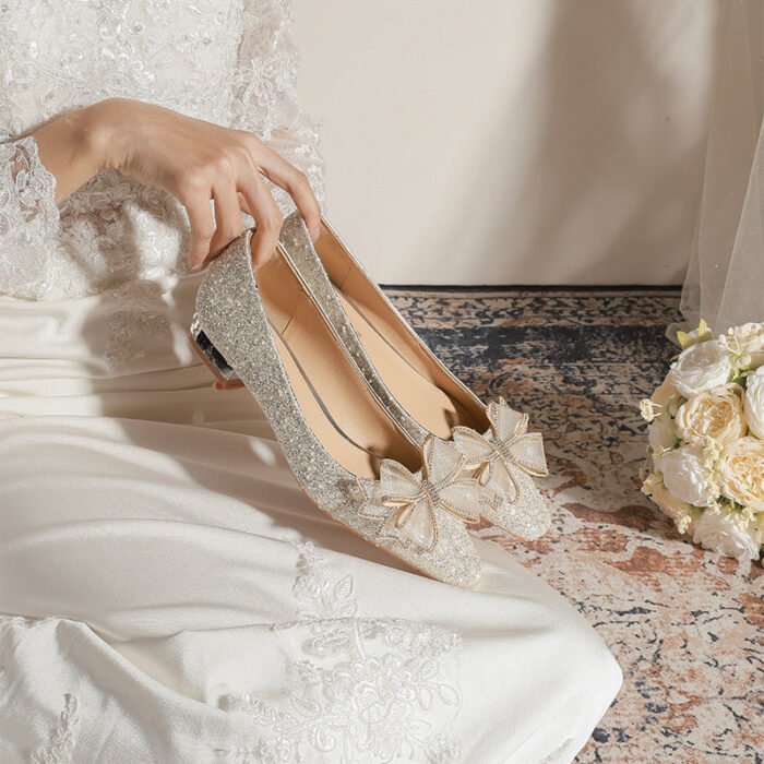 A29-51 Square Head Pearl Flat Chunky Heel Low Heel Niche Advanced Bridesmaid Shoes Women's Wedding Dress Xiuhe Two-Way Wear - Image 3