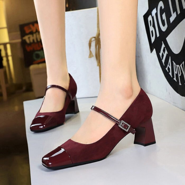 BIGTREE SHOES 5296 European and American Style Women's Shoes, Chunky Heel, Mid Heel, Shallow Mouth, Square Toe, Patchwork, One Strap, Rhinestone Buckle, Suede Leopard Print Single Shoes - Image 4