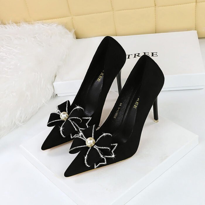 BIGTREE 9511-h16 European and American Style High Heels Women's Shoes Stiletto Heel Suede Shallow Mouth Pointed Toe Rhinestone Pearl Bow - Image 2