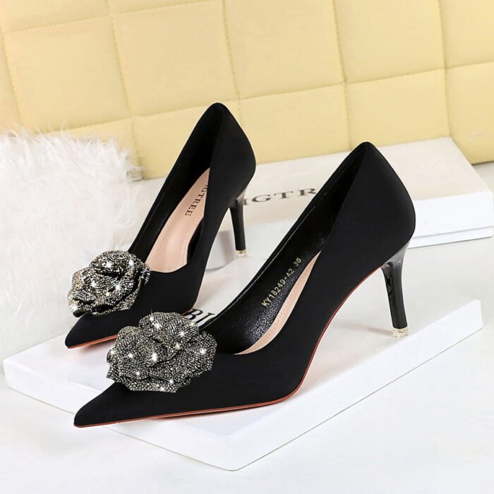 BIGTREE SHOES 18249-ah52 European and American Style Light Luxury Banquet Women's Shoes Stiletto Heel Satin Shallow Mouth Pointed Toe Rhinestone Flower Shoes - Image 1