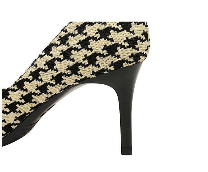 8829-A1 Korean version of high-heeled shallow-mouth pointed side hollow cloth plaid pearl metal chain houndstooth shoes - Image 20