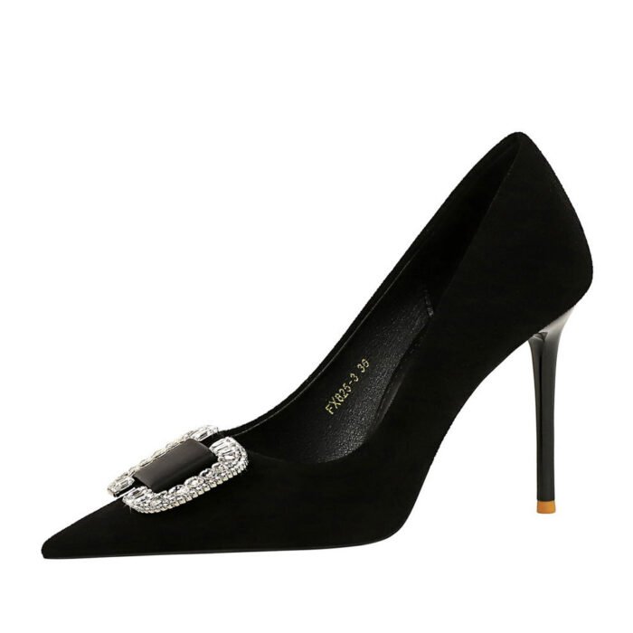 BIGTREE SHOES 825-K69 Korean Style Fashionable Banquet High Heels Stiletto Heel Women's Shoes Suede Shallow Mouth Pointed Metal Rhinestone Buckle Single-Layer Shoes - Image 5