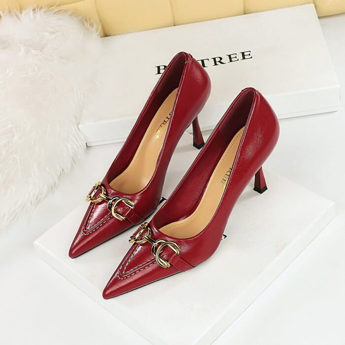 BIG TREE Shoes 886-2 Retro European American Style High Heels Women's Shoes Stiletto Heel Shallow Mouth Pointed-Toe Metal Belt Buckle Decoration Pumps - Image 4