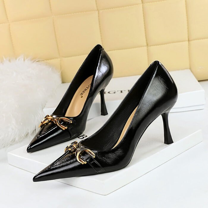 BIG TREE Shoes 886-2 Retro European American Style High Heels Women's Shoes Stiletto Heel Shallow Mouth Pointed-Toe Metal Belt Buckle Decoration Pumps - Image 2