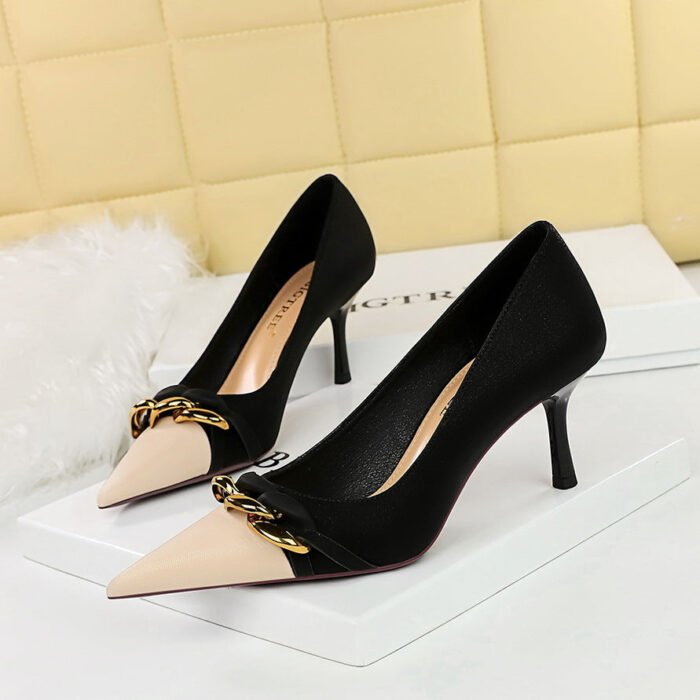 Bigtree Shoes 9283-A2 European and American Style Banquet Women's Shoes Stiletto Heel Shallow Mouth Color-Blocking Pointed Toe Metal Chain Decoration Fashion Shoes - Image 1