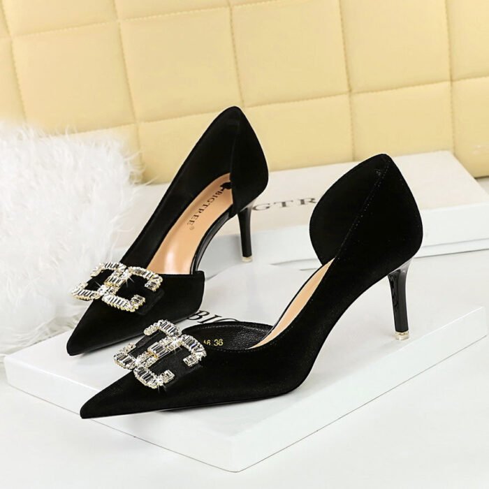 BIGTREE SHOES 1363-Ak78 Banquet Light Luxury Women's Shoes High Heels Stiletto Heel Side Hollow Suede Shallow Mouth Pointed Toe Rhinestone Buckle Pumps - Image 3