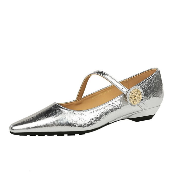 BIGTREE SHOES 3683-7K92 Retro High-End Sense One-Strap Single Shoes Light Luxury Pointed Toe Wedge Low Heel Metal Decor High Heels - Image 5