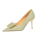 1932-A18 Korean Style Fashion Banquet Women's Shoes Stiletto Heel Shallow Mouth Pointed Toe Rhinestone Bow Women's Shoes Wedding Shoes - Image 4