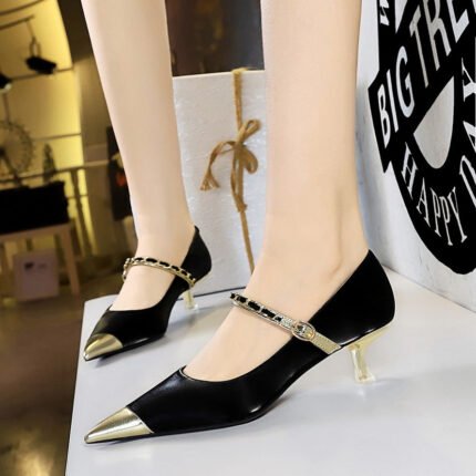BIGTREE SHOES 237-25 Korean Style Fashionable Elegant Light Luxury Banquet Women's Shoes Mid-Very Low-Cut Pointed-Toe Metal Chain Ankle-Strap Shoes