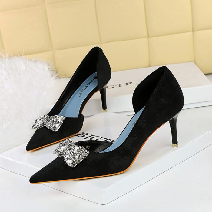 BIGTREE SHOES 6168-Ak51 Korean Style High Heel Stiletto Low Mouth Pointed Side Hollow Cloth Surface Metal Rhinestone Bow Buckle Pumps - Image 3