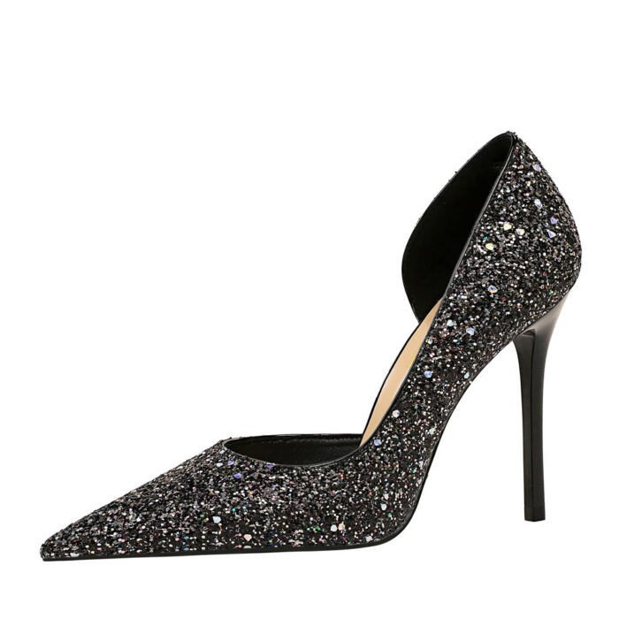 8829-3 European and American Sexy Banquet High Heels Stiletto Heel Shallow Mouth Pointed Side Hollow Sparkle Sequins Pumps - Image 5
