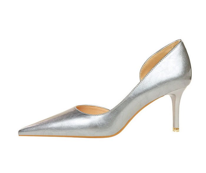 1363-A2 Korean fashion slim banquet fine heel high heel shallow pointed side hollow patent leather women's shoes single shoes high - Image 36