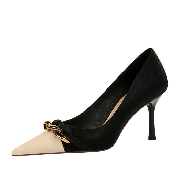 Bigtree Shoes 9283-A2 European and American Style Banquet Women's Shoes Stiletto Heel Shallow Mouth Color-Blocking Pointed Toe Metal Chain Decoration Fashion Shoes - Image 5