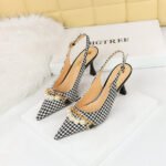 BIG TREE SHOES 3716-3 Korean High Heel Women's Shoes Plaid Cloth Shallow Mouth Pointed-Toe Hollowed Back Strap Pearl Metal Chain Pumps
