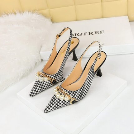 BIG TREE SHOES 3716-3 Korean High Heel Women's Shoes Plaid Cloth Shallow Mouth Pointed-Toe Hollowed Back Strap Pearl Metal Chain Pumps
