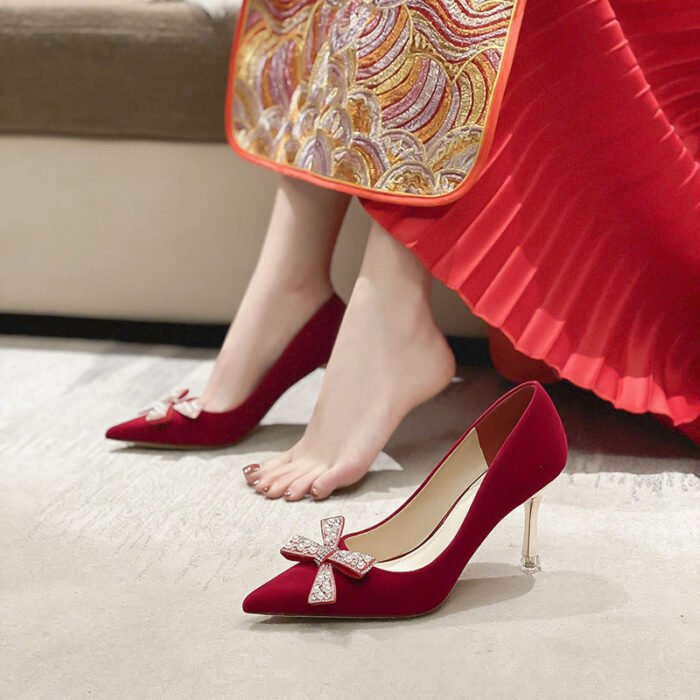 Runnig heels C888-35 Red Wedding Shoes Bridal Shoes Xiuhe Main Wedding Dress Low-Cut Stiletto Heel High Heels - Image 4