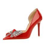 BIG TREE SHOES 638-H21 European and American Style Banquet Women's Shoes Super High Heel Shallow Mouth Pointed Patent Leather Side Hollow Rhinestone Bow Pumps - Image 5