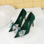 BIGTREE 516-h9 Korean Style Fashion Banquet High Heels Stiletto Suede Shallow Mouth Pointed Toe Rhinestone Bow Pumps Women's Shoes - Image 3