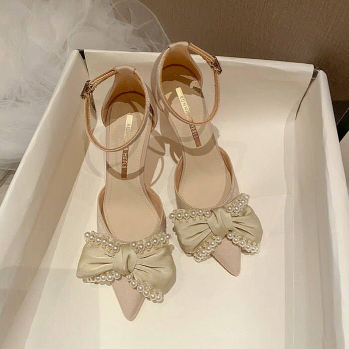 858-61 High Heels Women's New Buckle Pearl Bow Temperament Leisure Pumps - Image 3