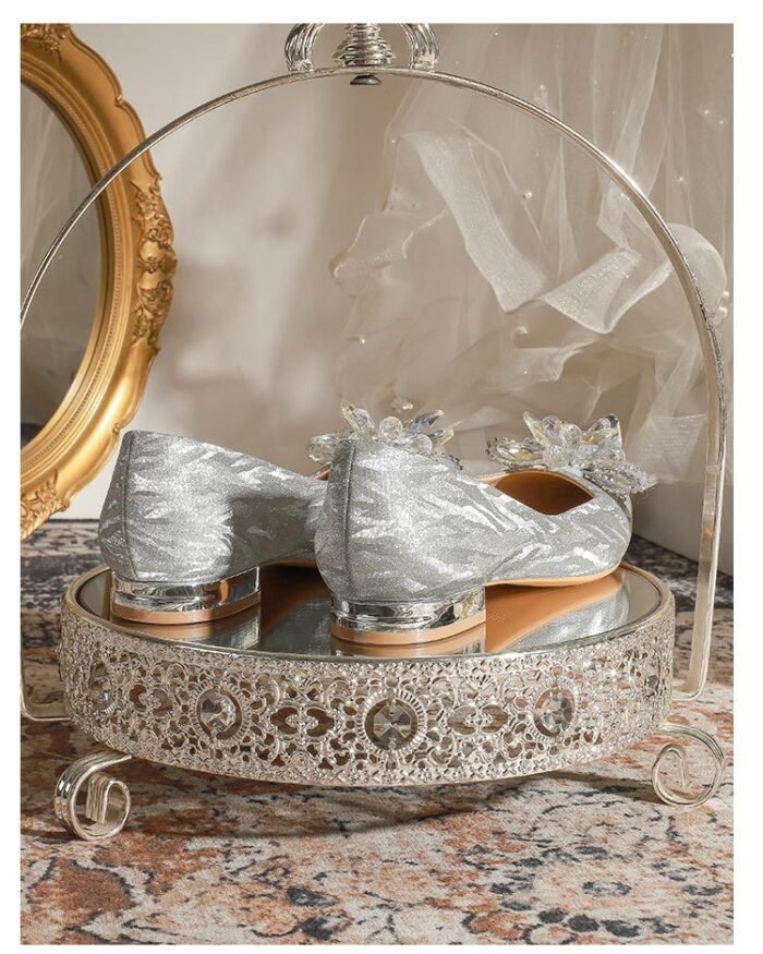 228-52 Silver Thin and Glittering Crystal Bow Thick Heel Flat Wedding Shoes Square Toe Bridal Shoes - Image 11