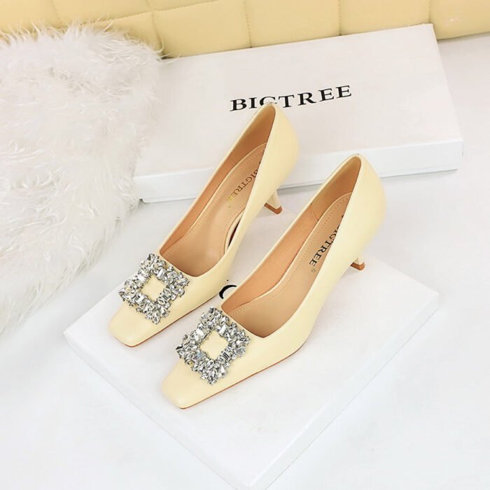 BIG TREE SHOES 6183-K20 Korean Style Women's Shoes Wine Cup Very High Very Low-Cut Square Toe Rhinestone Buckle New Spring and Autumn Shoes Women's High Heels - Image 4