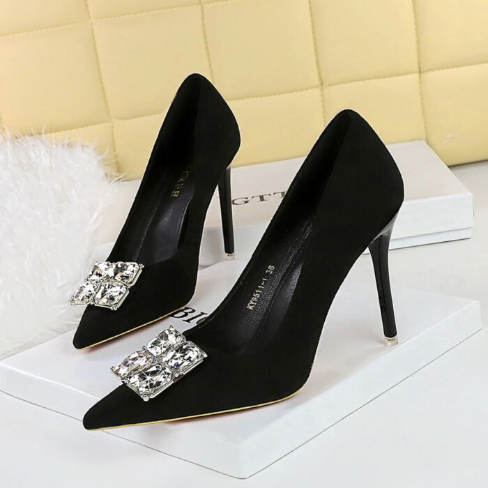 BIGTREE SHOES 9511-K58 Banquet Women's Shoes High Heels Stiletto Suede Shallow Mouth Pointed Square Rhinestone Buckle Super High Heel Shoes Women - Image 3
